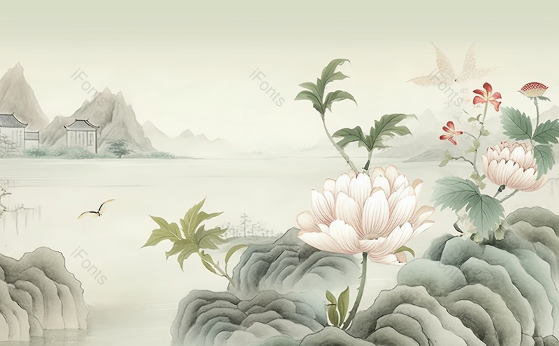 飞鸟建筑立夏平静湖面云雾策绕荷花盛开国风水墨画,插画/手绘图,插画/手绘图库,插画/手绘图下载,插画/手绘